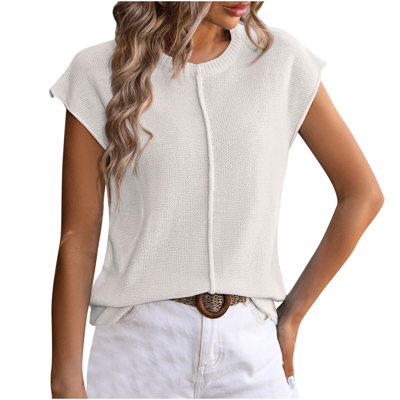 ZyeKqe Womens Cap Sleeve Shirts Crewneck Knit Tops Solid Color T Shirts Casual Loose Blouse